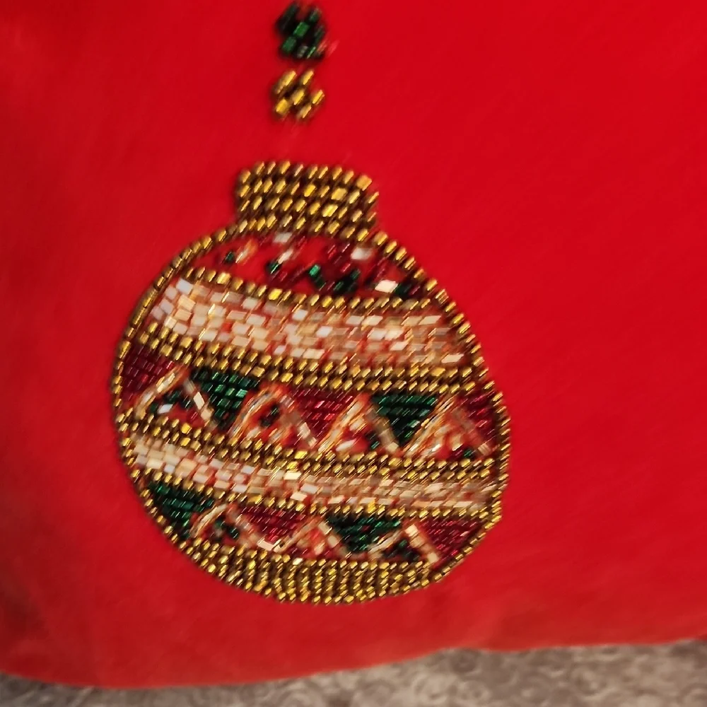 Festive Holiday Red Velvet Beaded Ornament Pillow